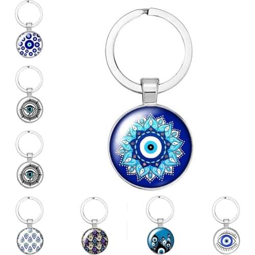 Hot Vintage Beautiful Blue Evil Eye Religious Photo Round Glass Cabochon Keychain Car Key Ring Ring Holder Charm Jewelry Gift Ke