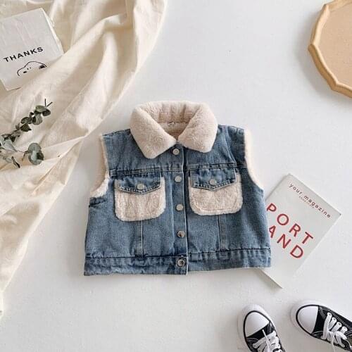 Autumn Winter Thicken Children Denim Waistcoat Fleece Kids Girls Jeans Vest Warm Casual Baby Girls Winter Sleeveless Jackets