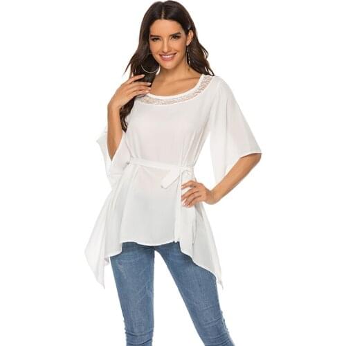 Casual Top OL Workwear Mujer Blusas White Shirts Women O-Neck With Belt Tunic Shirt Three Quarter Sleeve Peplum