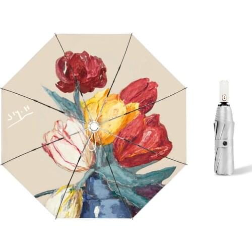 Flower Silver Womens Umbrellas Automatic Sunscreen Anti UV Tulips Umbrella Rain Windproof Rainproof Female Parasol Gift