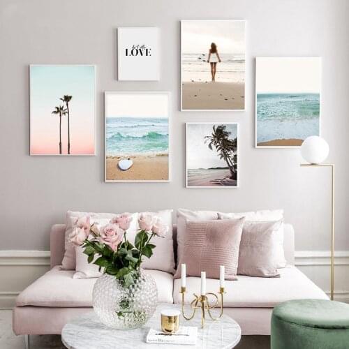 Nordic Summer Tropical Coconut Palm Tree Beach Scenery Seascape Ocean Cool Pictures Decorative Canvas Painting For Home Decor