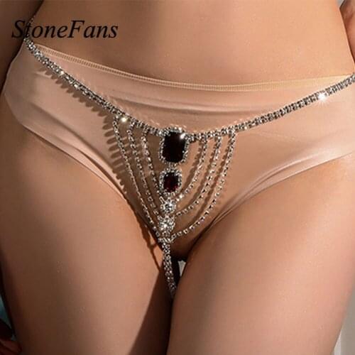 Stonefans Summer Red Crystal Thong Bikini Panties Waist Chain Belt Women Rhinestone Belly Chain Lingerie Body Chain on the Beach