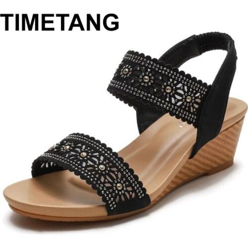 TIMETANG New 2021 Ladies Sandals Open Toe 5cm Wedge Heels Bohemian Exotic Soft Comfort Stylish Rivets Plus Size 36-42