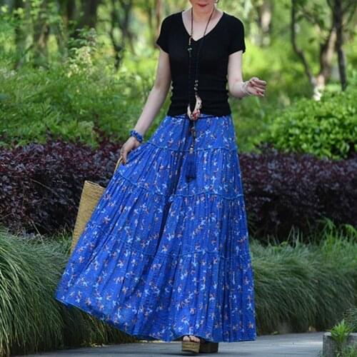 TIYIHAILEY 2021 Free Shipping Fashion Long Maxi A-line Elastic Waist Women Summer Cotton S-2XL Flower Skirts Print Green Skirts