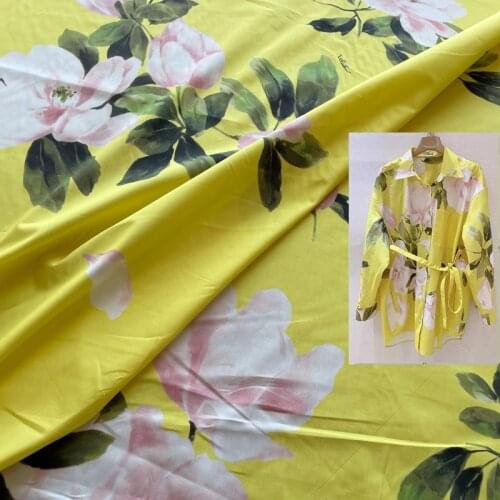Imitation Stretch Silk Dress Fabric Cloth polyester Brand Yellow Pink Flowers Custom Digital Printing Material For Sewing Meter