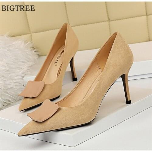 Autumn Fashion Square Buckle Black Red Shallow Shoes Women High Heels Faux Suede Sexy Pumps Pointed Toe Wedding Shoes For Woman
