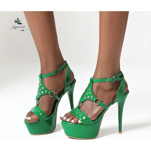 Sgesvier 2020 new women sandals rivet buckle summer platform sandals thin high heels prom party shoes ladies big size 33-48