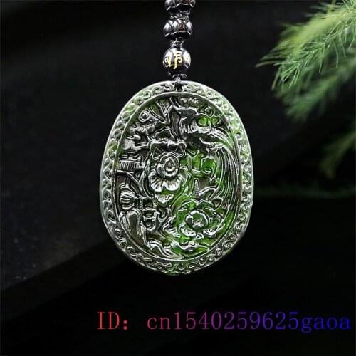Jade Flower Pendant Women Lucky Gifts Chinese Fashion Necklace Natural Carved Amulet Gemstone Bird Charm Jewelry Black Green