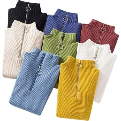 Custom Woman Winter Knit Cardigan Turtleneck Tops Ladies Wool Designer Crop High Neck Half Zipper Sweater