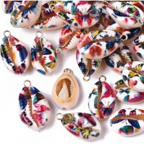 20pcs Printed Natural Cowrie Shell Pendant Charms Wave Flower Shape Colorful Shell Pendents For Bohemia Necklace Bracelet Making
