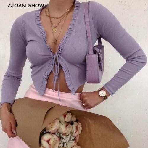 2020 French Wood ears V neck Lacing up Strappy Knitted Ruffles Cardigan Sweater Retro Woman Long sleeve Short Jumper Sexy