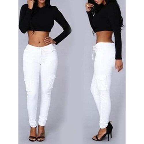50%HOTCasual Women Solid Color Skinny Cargo Pants Pockets Drawstring Joggers Trousers