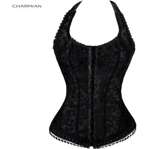 Charmian Sexy Women Elegant Halter Satin Jacquard Lace Edge Waist Trainer Corsets and bustiers Body Shapewear Bustier Corselet