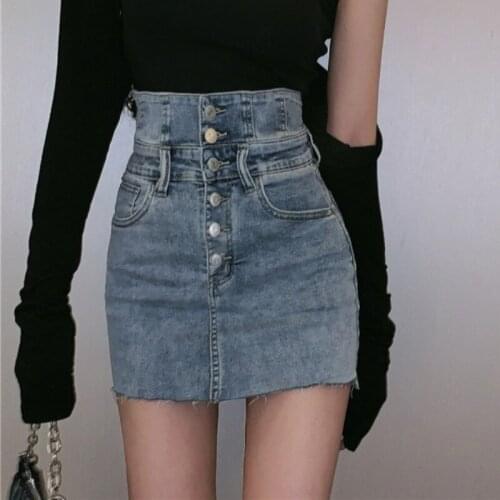 Denim Skirt Slim High Waist Buttons Pockets Mini Short Skirts 2021 Summer New Female Sexy Club Wear A-Line Femme Robe