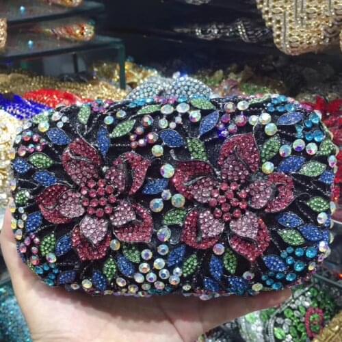 Elegant AB Rhinestone Crystal Evening Clutches WHTUOHENG Floral Purses And Handbags Multi- Colored Women Wedding Bridal Purse