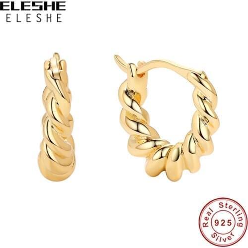 ELESHE Fashion 925 Sterling Silver with 18K Gold Plated Hoop Earrings Twisted Croissant Small Huggies Earrings For Women Wedding