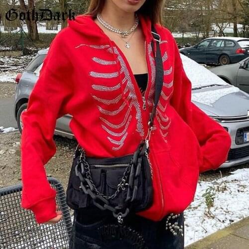 Goth Dark Punk Bone Sequined Gothic Sweatshirts Grunge Casual Pockets Women Autumn Zip-up Hoodies Long Sleeve Loose Streetwear