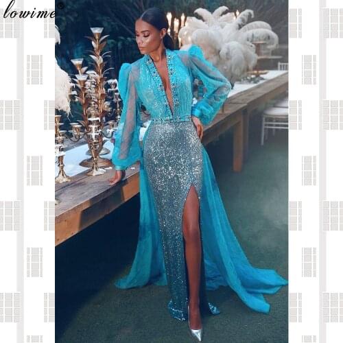 Indian Blue Sparkly Evening Dresses Long Formal Evening Gowns Mermaid Robe De Soiree Arabic Prom Dresses Party Couture Fashion