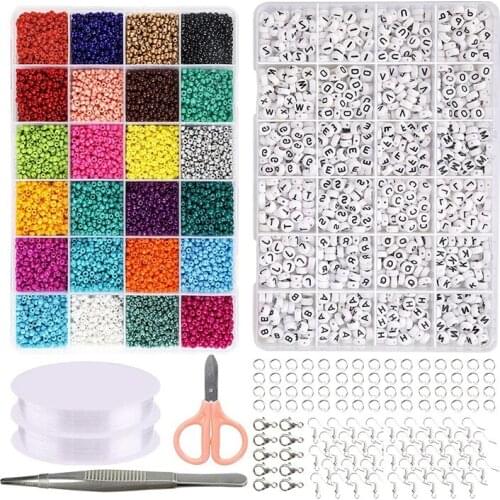Beads Kit,Greentime 14400Pcs 3Mm Glass Seed Beads With 1200 Pcs Alphabet Letter Beads For Jewelry Bracelets Making