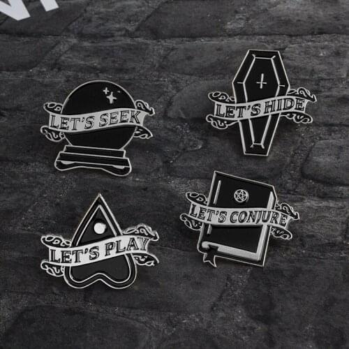 Halloween Tiny Black Pin Lets conjure, seek, hide, and play Enamel pins Heart Coffin Magic spell Pins Brooches Badges Lapel pin