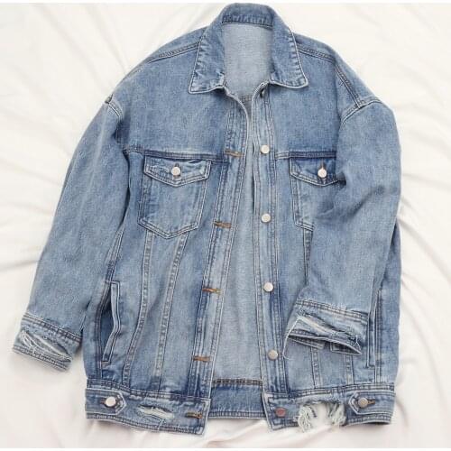 Korean Fashion Wash Frayed Denim Jacket Women Student Basic Outerwear Spring Autumn New Loose Mid Long Jeans Jacket Coat Female
