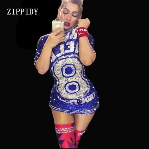 Fashion Sexy Blue Sparkly Rhinestones Nightclub Birthday Costume Stage Outfit Female Singer Stretch Evening Wear Coat