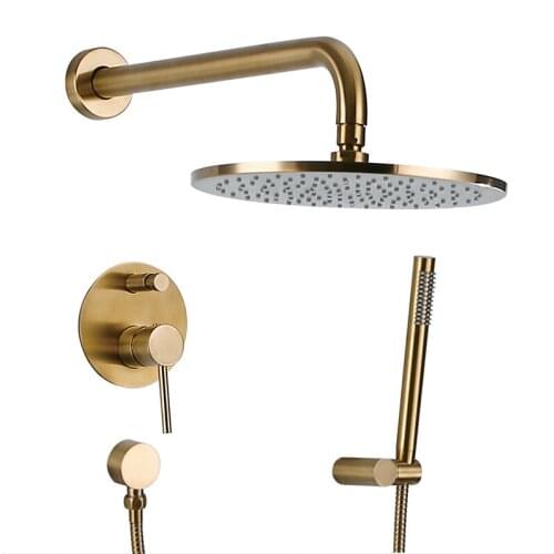 Bathroom Shower Set Brushed Gold Rain Shower Faucet Wall or Ceiling Wall Mounted Shower Mixer 8-10" Shower Head with handheld