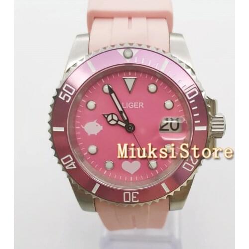 New BLIGER Pink Pig Pattern 24 Jewels NH35A Movement Automatic Ladies Watch Date Cyclop Screwdown Crown Curved End Rubber Band
