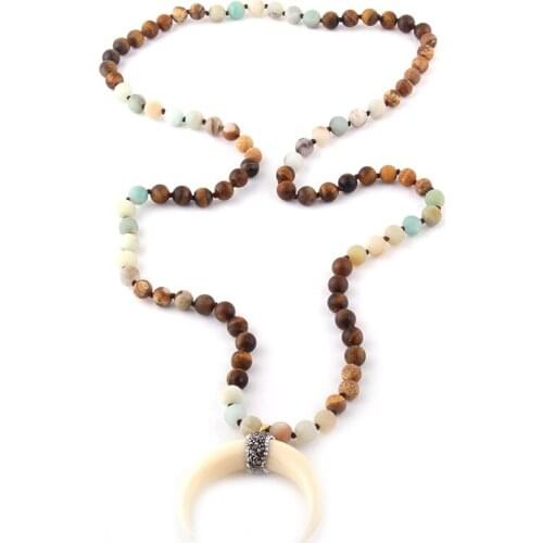 MOODPC Fashion Bohemian Tribal Jewelry Multi Stone Knotted Ox Horn Moon Pendant Necklace For Women