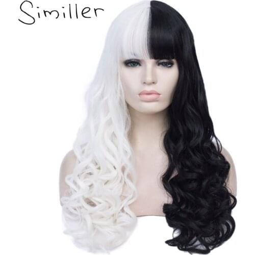 Similler Women Long Curly Synthetic Wig Black White Halloween Costume Wigs for Party Cosplay with Bangs Heat Resistance