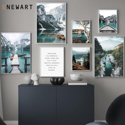 Nature Mountain Lake Bridge Landscape Canvas Painting Nordic Scandinavian Scenery Wall Art Picture for Living Room Home Decor