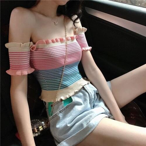 Sweet Slash Neck Knitted Short Sleeve Stretchy Striped T-shirts Female Contrast Color Knitting T Shirt Slim Tops for Women Y557