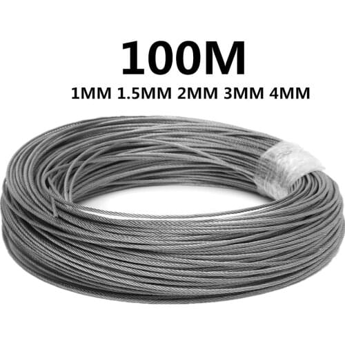 100M 50M304 Stainless Steel 1mm 1.5mm 2mm Diameter Steel Wire bare Rope lifting Cable line Clothesline Rustproof 7X7