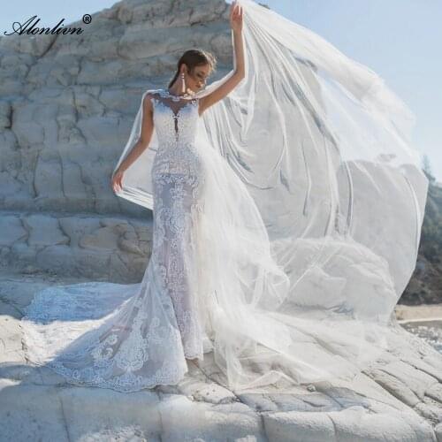 Alonlivn Wedding Dresses Appliques Lace Illusion Neck And Back Trumpet Bridal Gowns With Removable Cloak