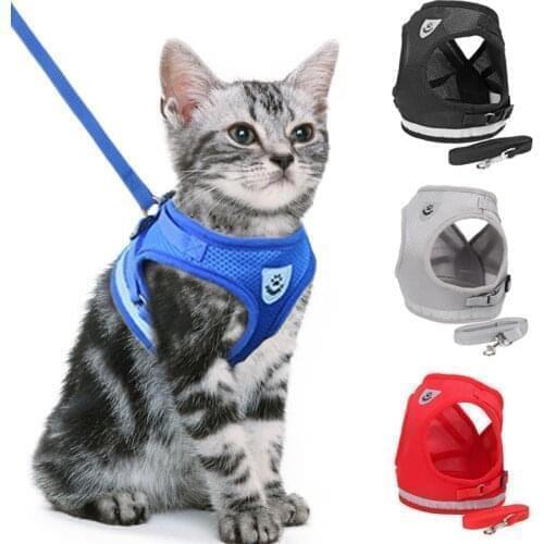 Reflective Cat Dog Adjustable Harness Vest Walking Lead Leash Nylon Mesh Kitten Puppy Leads Pet Clothes Chest Strap