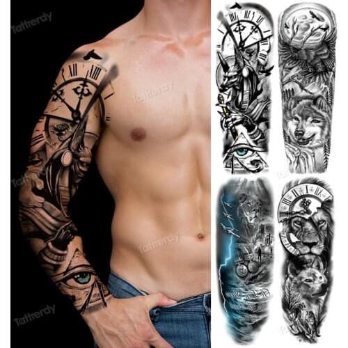 Clock lion king fox forest temporary tattoos men sexy body art makeup tattoo sticker black waterproof custom totem maori tatoo