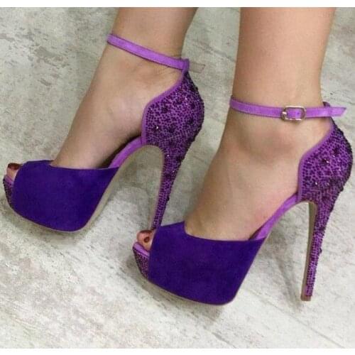 Chic Purple Ankle Strap Platform Peep Toe Party Pump Thin Heels Back Crystal Embellished Woman High Heel Shoes Dress Pumps