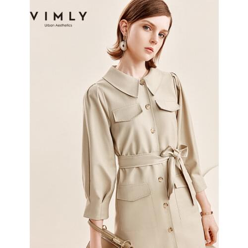 Vimly Winter Womens Dress Elegant Turn Down Collar Single Breasted Pockets Solid with Belt Vestidos Female Shirts Dresses F2290