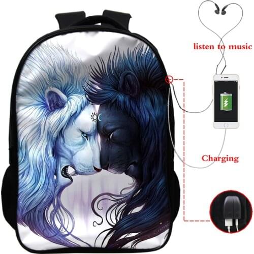 LION 3d Backpack Cute School Bag 16 Inch Usb Charging Nylon Waterproof School Backpacks Bag Boys Girls Travel Laptop Bagpack Bag