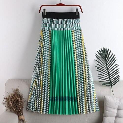 Summer new 2021 high-waisted thin A-line large pleated contrast stitching mid-length skirt Summer Fashion female skirt