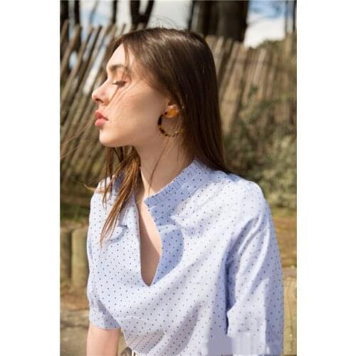 Women Shirt Pleated Side Wave Point Short Sleeve 2019 Spring and Summer Wooden Ear Side V-neck Shirt