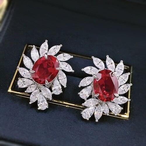 Solid 925 Sterling Silver 8*10mm Red High Carbon Diamond Flower Stud Earrings For Women Sparkling Wedding Fine Jewelry Gift