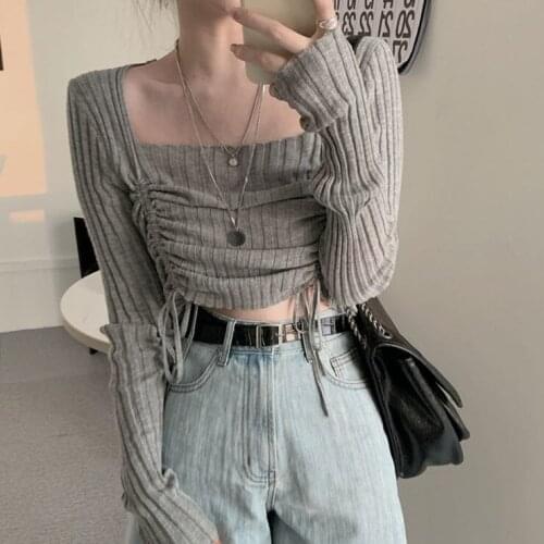 Woman Sweaters Pullover Square Collar Long Sleeve Knitwear Off-Shoulder Top Drawstring Autumn Winter Navel Sexy Femme Chandails