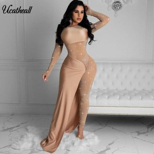 Sexy Bandage Bodycon Jumosuit New Summer Long Sleeve Mesh High Split Party Jumpsuit Long Sleeve Bag Hips Diamonds Female Rompers
