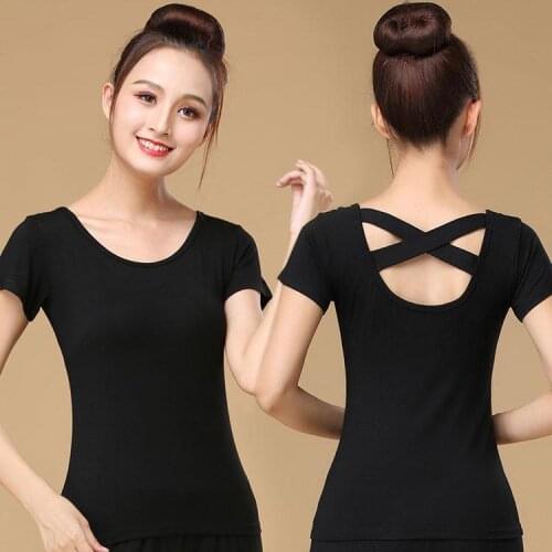 Plus Size Latin Dance Top for Women Summer Solid Color Short Sleeve O-neck Cross Slim Fit Dance Shirt Training Clothes