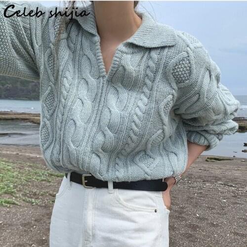 SHIJIA Gray Cross Knitted Jumper Woman Turn-down Neck Long-sleeve Sweater Woman Korean Warm Boho Knitting Tops Winter