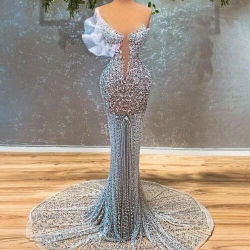 See Thru Crystal Mermaid Evening Dress with Sequins Handmade Sexy vestido de novia Party Gowns Women Luxurious Formal Wear