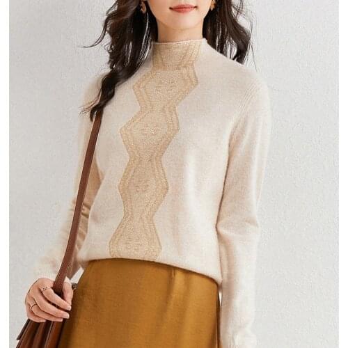 Golden Jacquard Half Turtleneck Sweaters100% Wool High Neck Pullover Sweater Full Sleeve Womens Jumper Pure Wool 2020 New