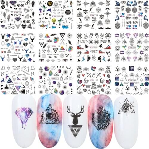 12 Designs Water Transfer Nail Sticker Triangle Geometric Stars Feather Animal Pattern Decal Sliders For Nail Art JIBN1129-1140