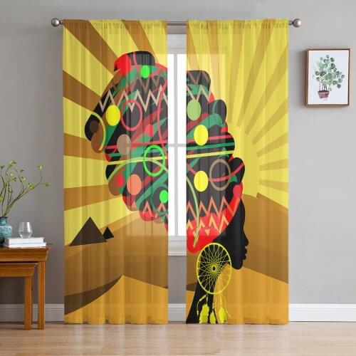 African Woman Silhouette Desert Tulle Curtain Voile Transparent Tulle for Bedroom Living Room Kitchen Sheer Window Curtains